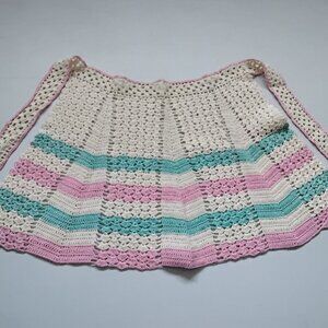 Vintage Crocheted Hostess Apron Small Size - Pink, Turquoise Blue & Cream Cotton